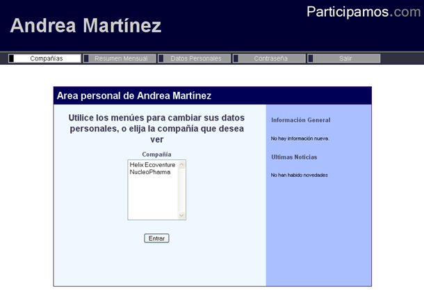 User's Personal Area, Spanish language interface